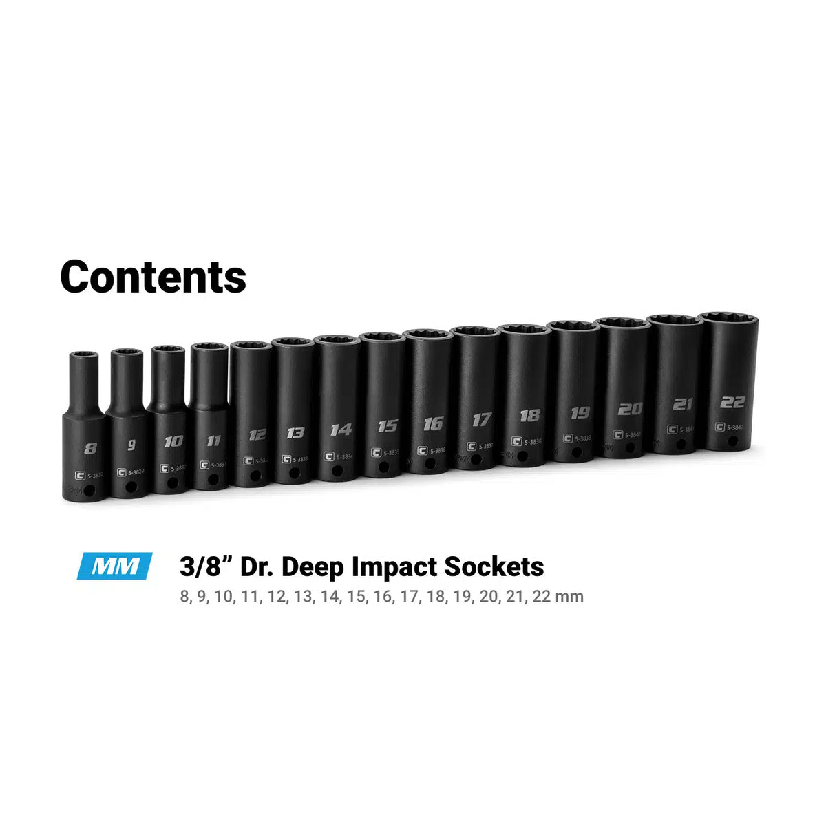 3/8" Drive 15-Piece 12-Point Deep Impact Socket Set, 8-22 mm