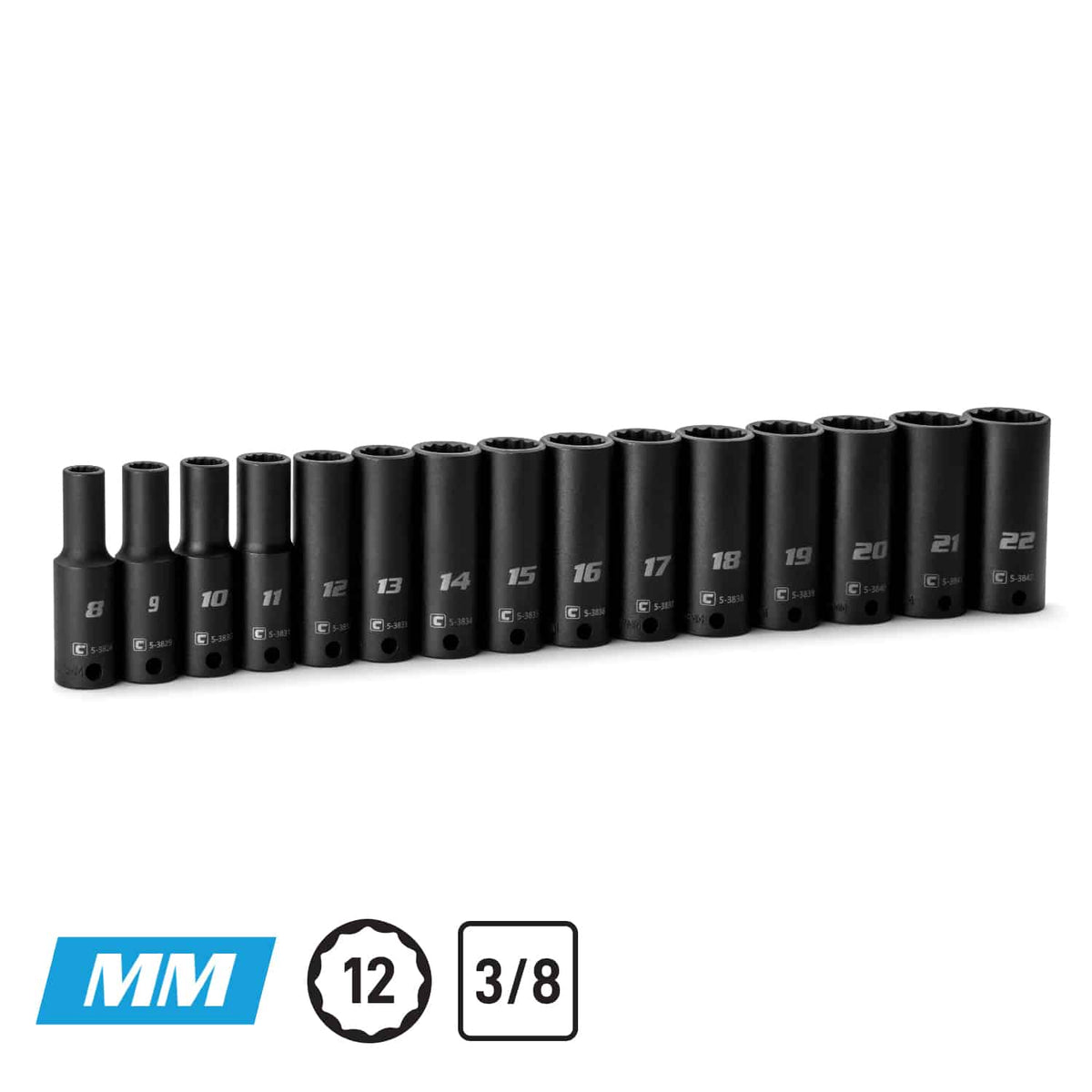 3/8" Drive 15-Piece 12-Point Deep Impact Socket Set, 8-22 mm