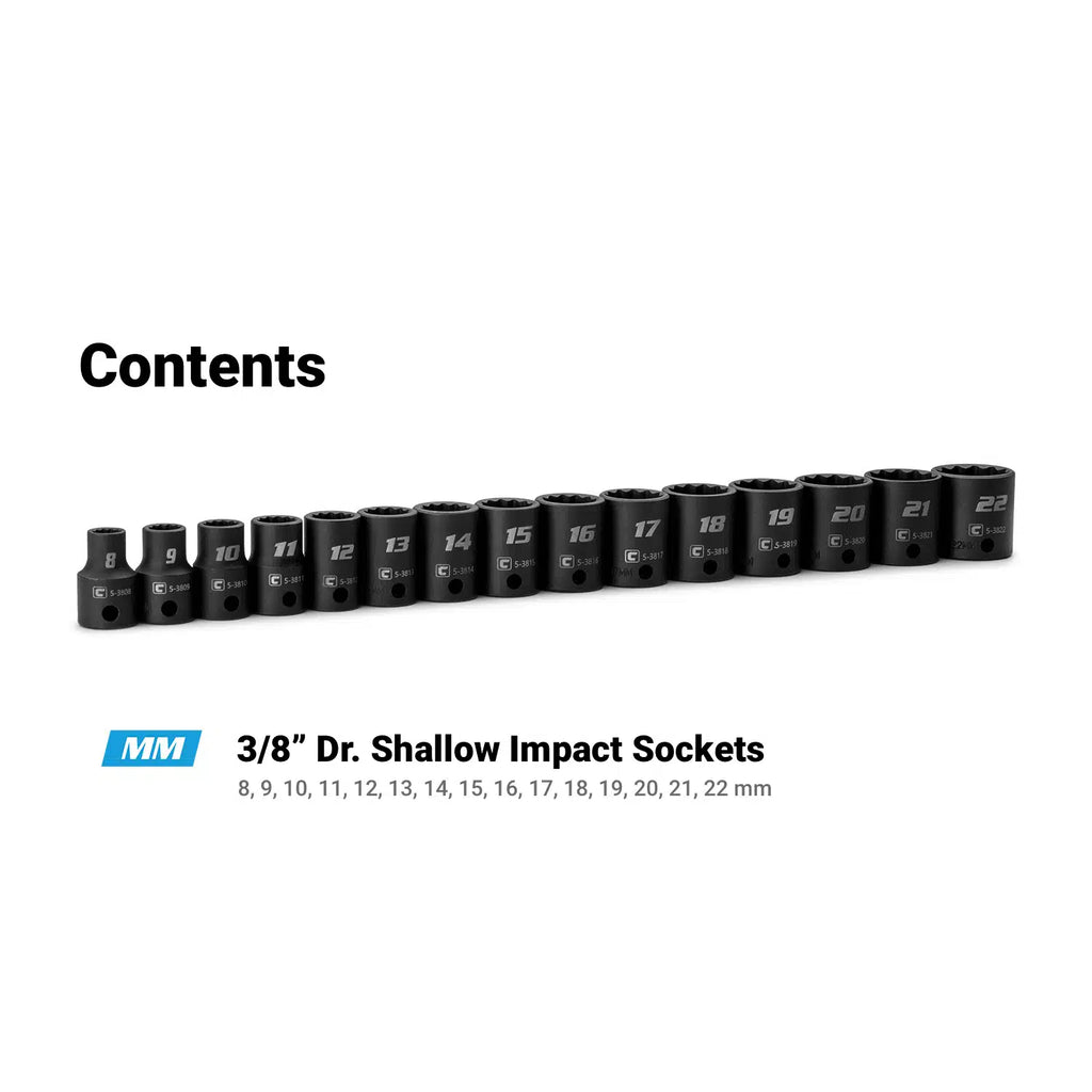 3/8" Drive 15-Piece 12-Point Shallow Impact Socket Set, 8-22 mm