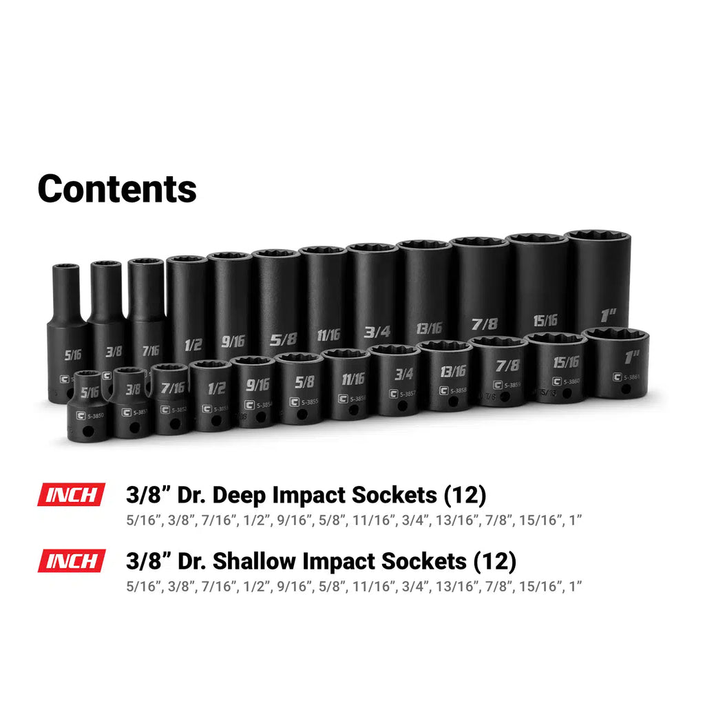 3/8" Drive 12-Point Master Impact Socket Set, 5/16-1", Billet Aluminum Tray, Red