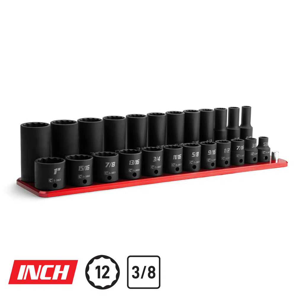 3/8" Drive 12-Point Master Impact Socket Set, 5/16-1", Billet Aluminum Tray, Red