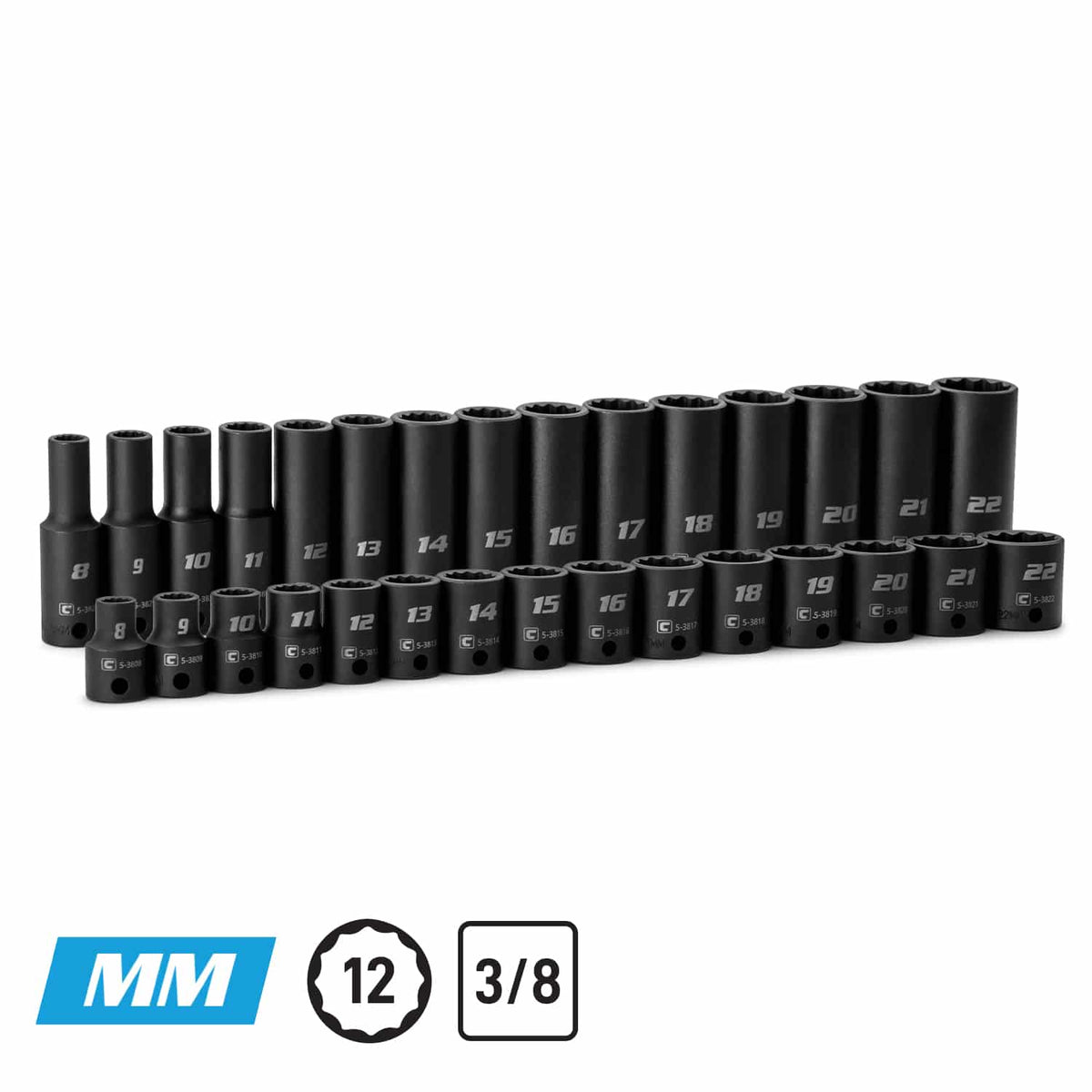 3/8" Drive 12-Point Master Impact Socket Set, 8-22 mm