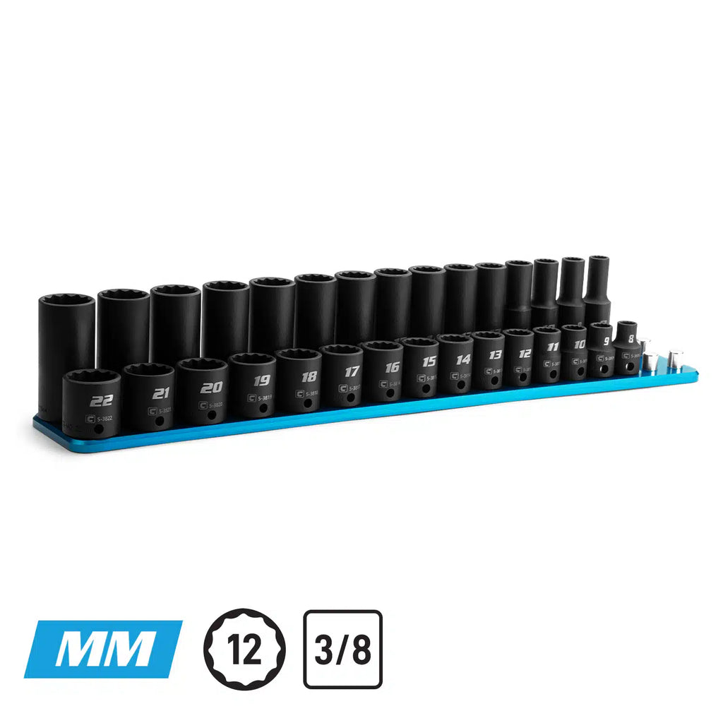 3/8" Drive 12-Point Master Impact Socket Set, 8-22 mm, Billet Aluminum Tray, Blue