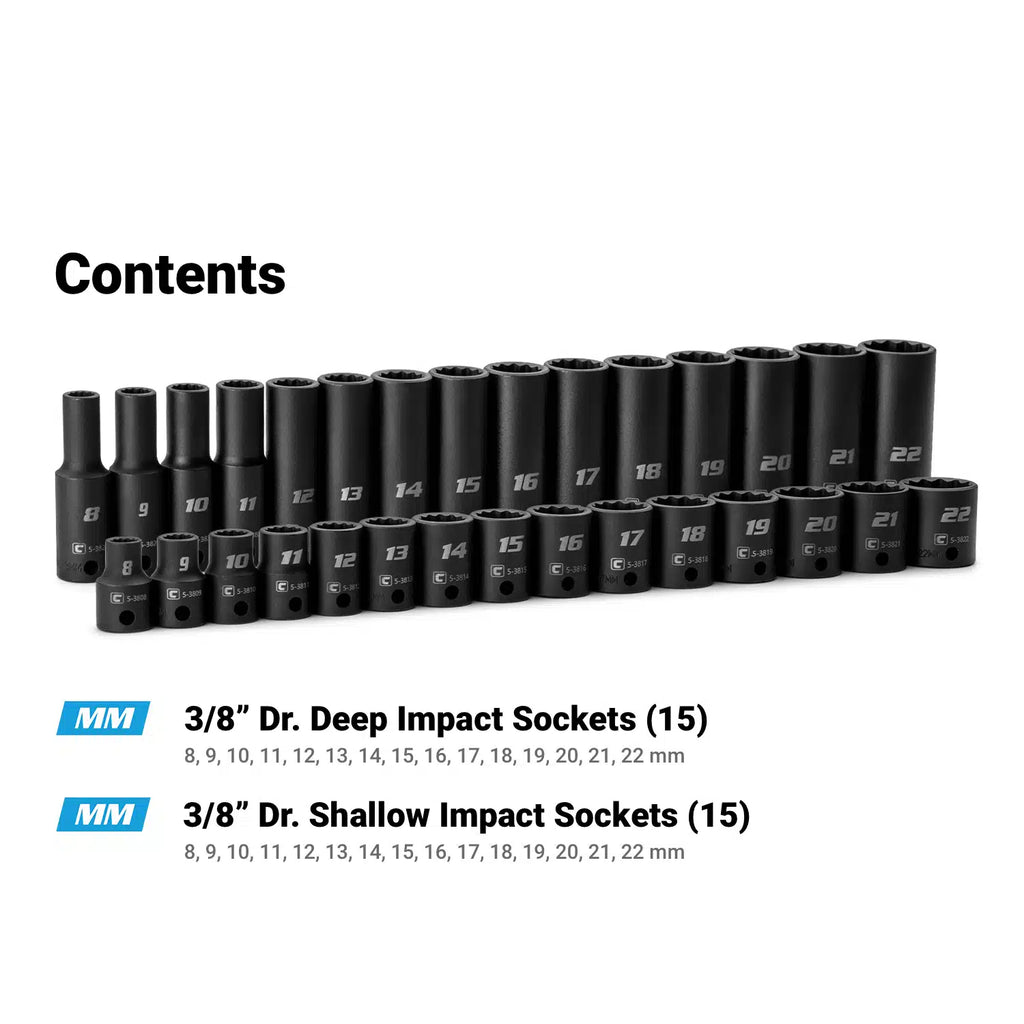 3/8" Drive 12-Point Master Impact Socket Set, 8-22 mm