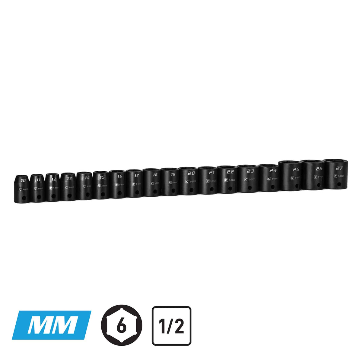 1/2" Drive 6-Point Shallow Impact Socket Set, 10-27 mm