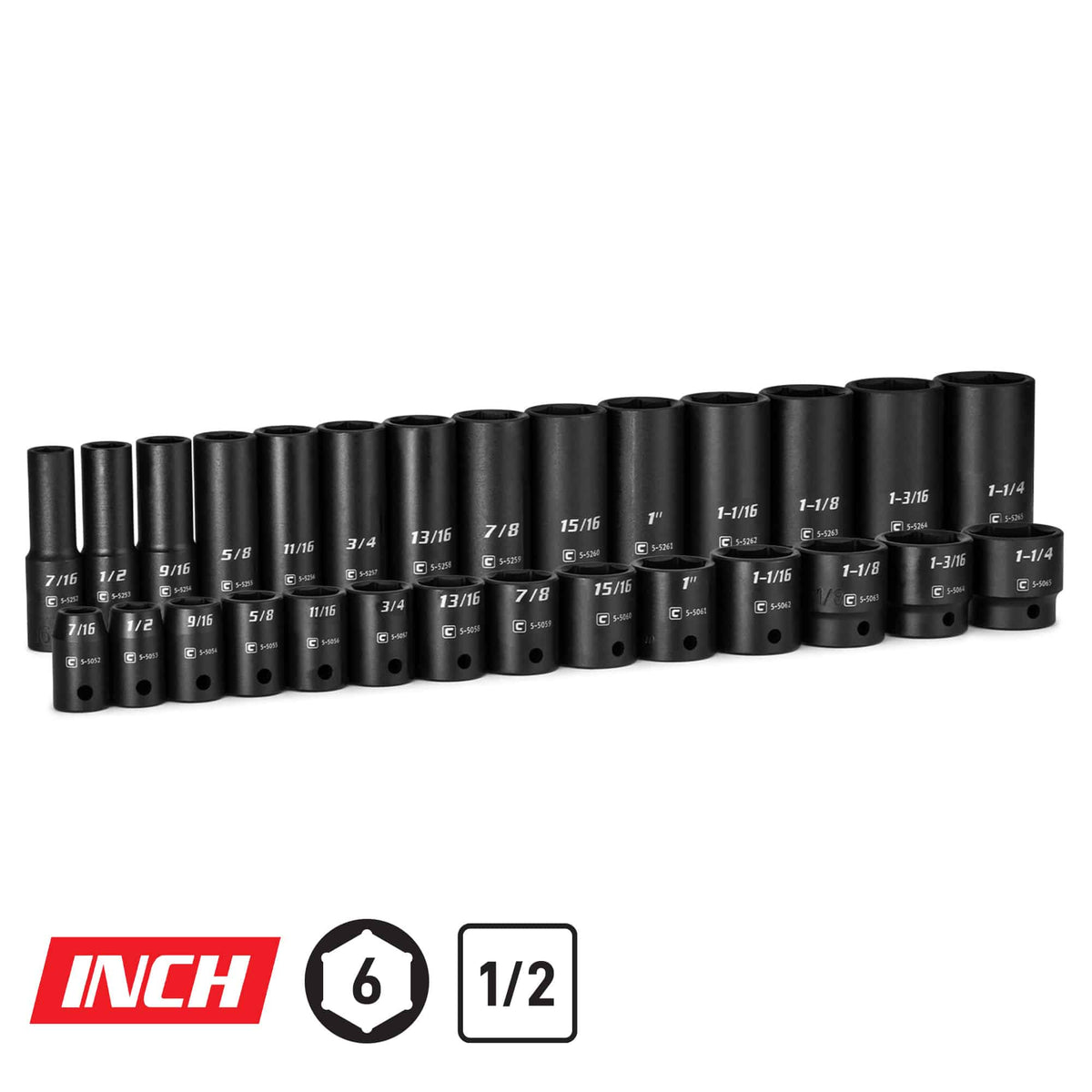 1/2" Drive 6-Point Master Impact Socket Set, 7/16-1-1/4"