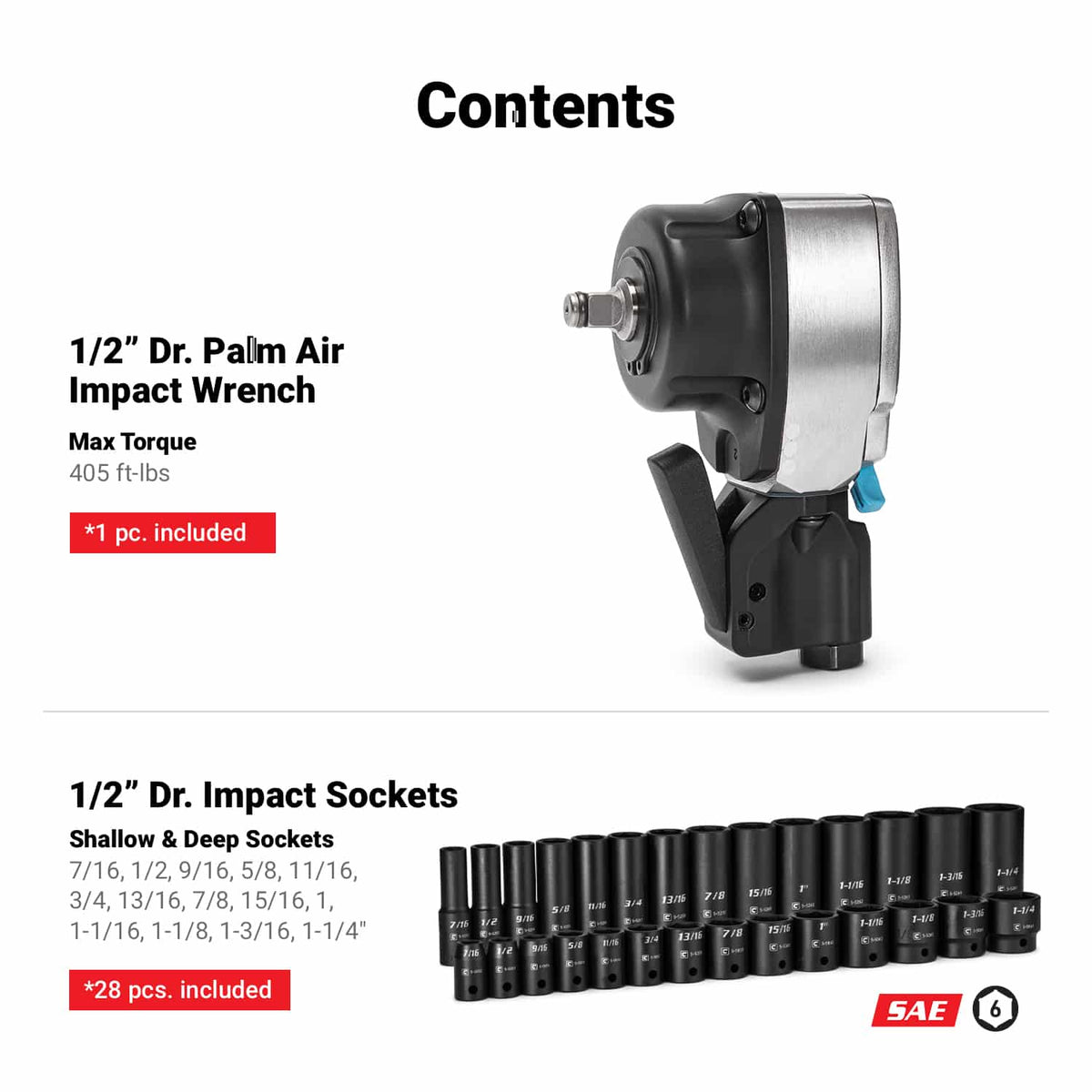 1/2" Drive Palm Air Essentials Impact Bundle, SAE