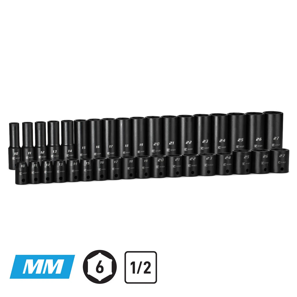 1/2" Drive 6-Point Master Impact Socket Set, 10-27 mm