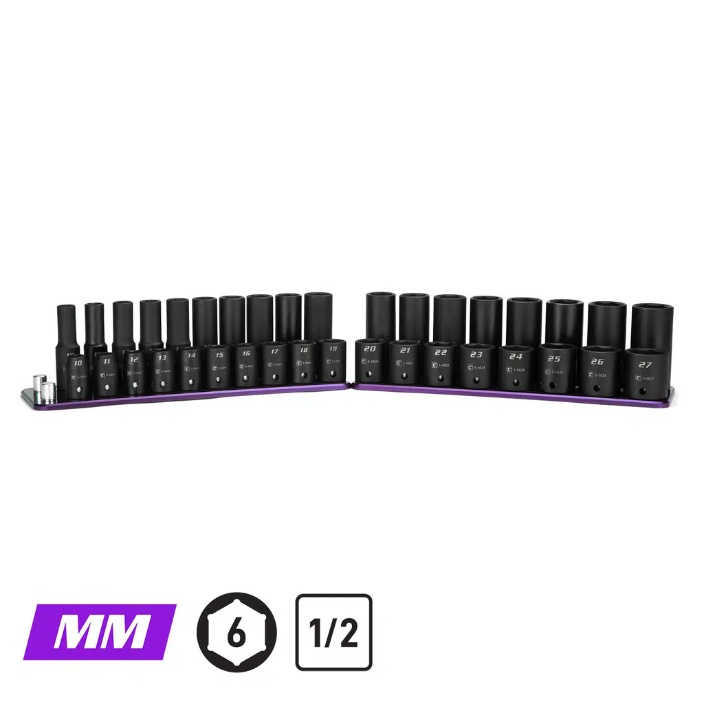 1/2" Drive 6-Point Master Impact Socket Set, 10-27 mm, Billet Aluminum Tray, Purple