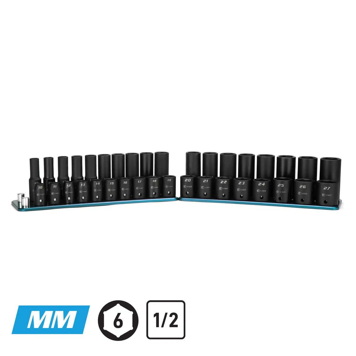 1/2" Drive 6-Point Master Impact Socket Set, 10-27 mm, Billet Aluminum Tray, Blue