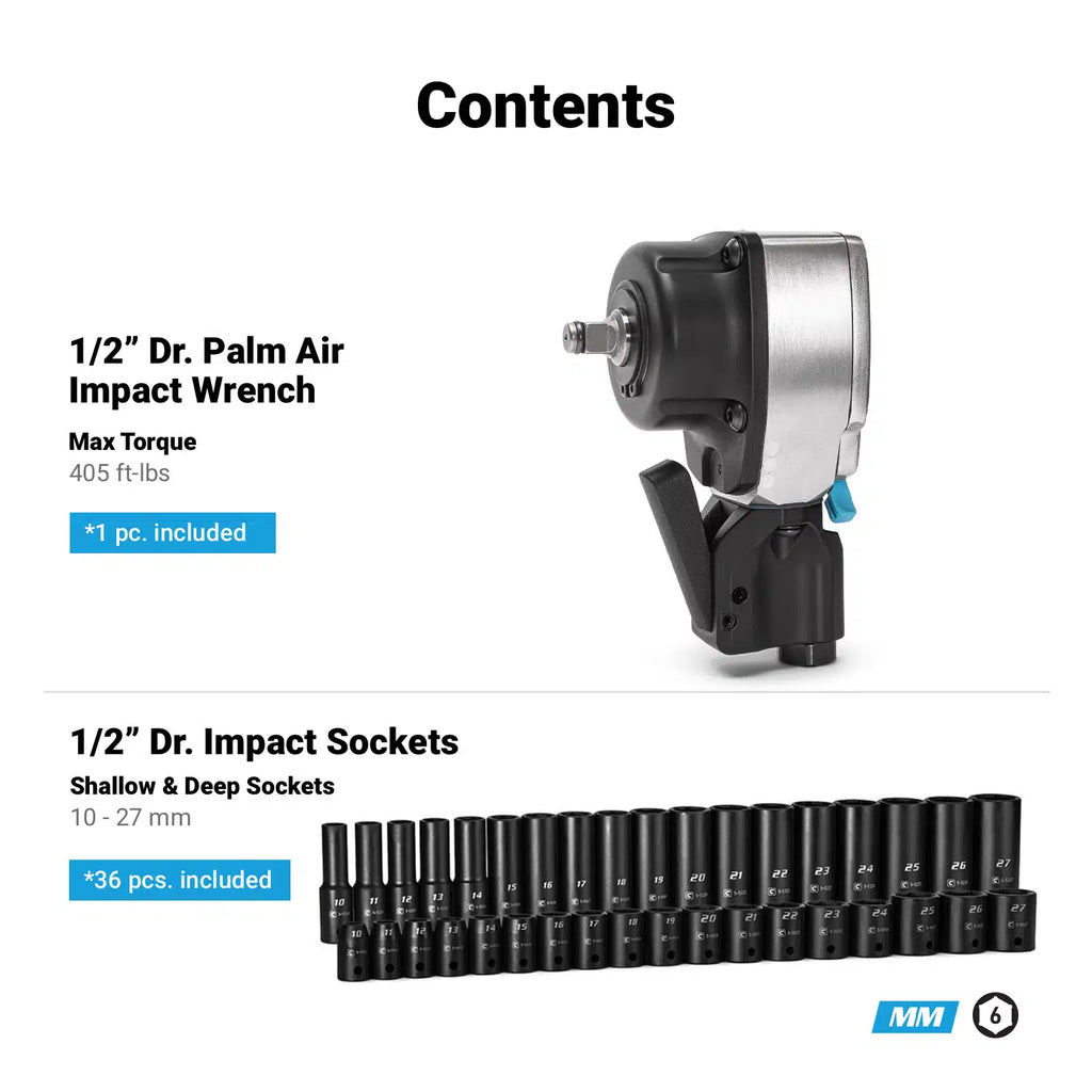 1/2" Drive Palm Air Essentials Impact Bundle, Metric