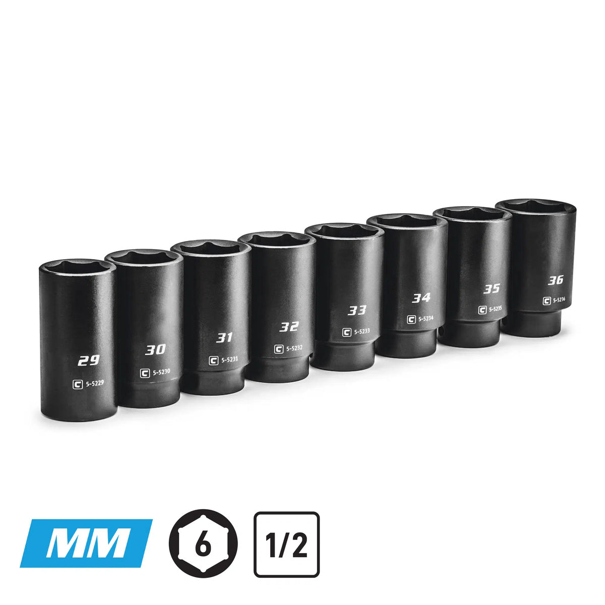 1/2" Drive 6-Point Jumbo Deep Impact Socket Set, 29-36 mm