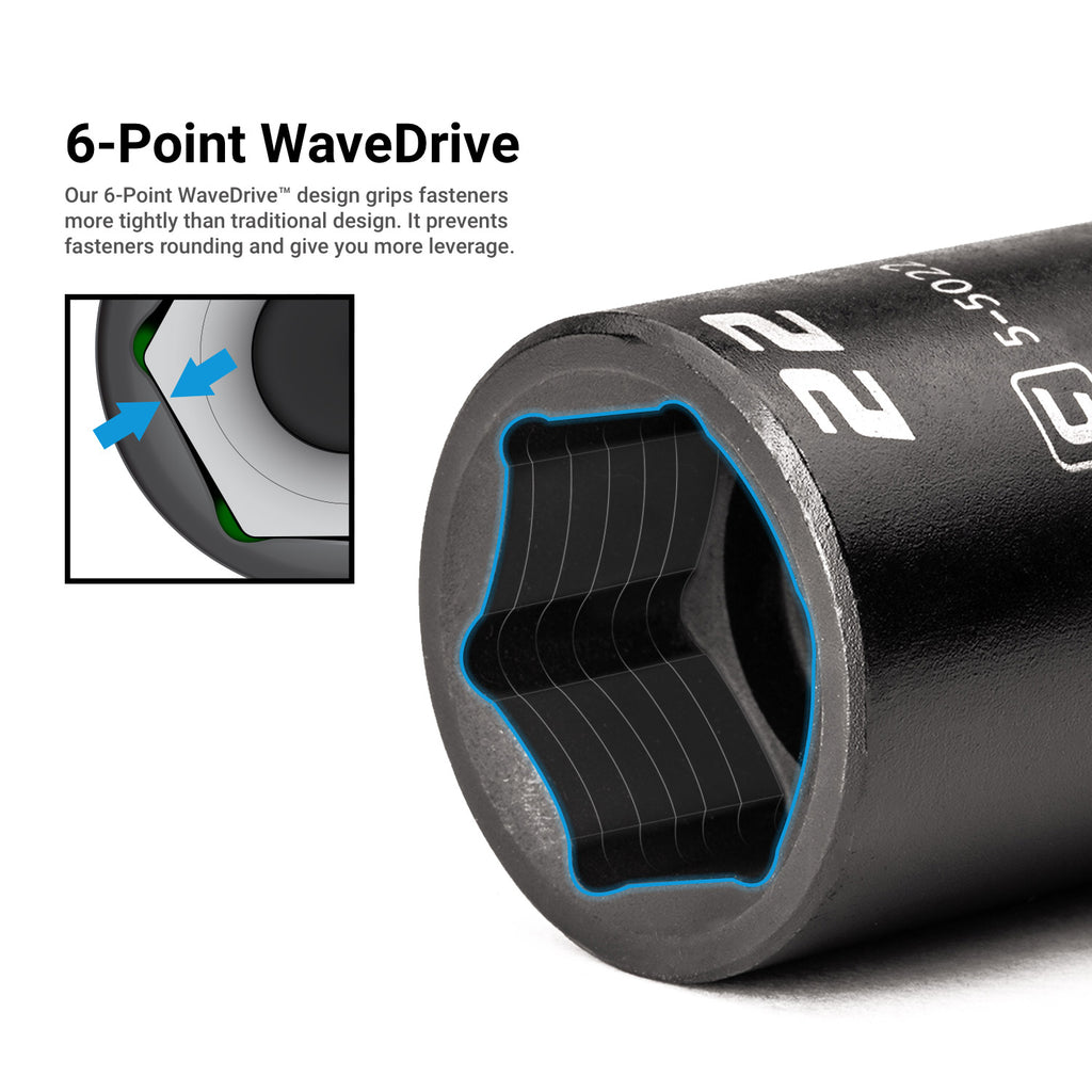 3/8" Drive 6-Point Stubby Impact Socket Set, 8-22 mm, Mechanics Tray