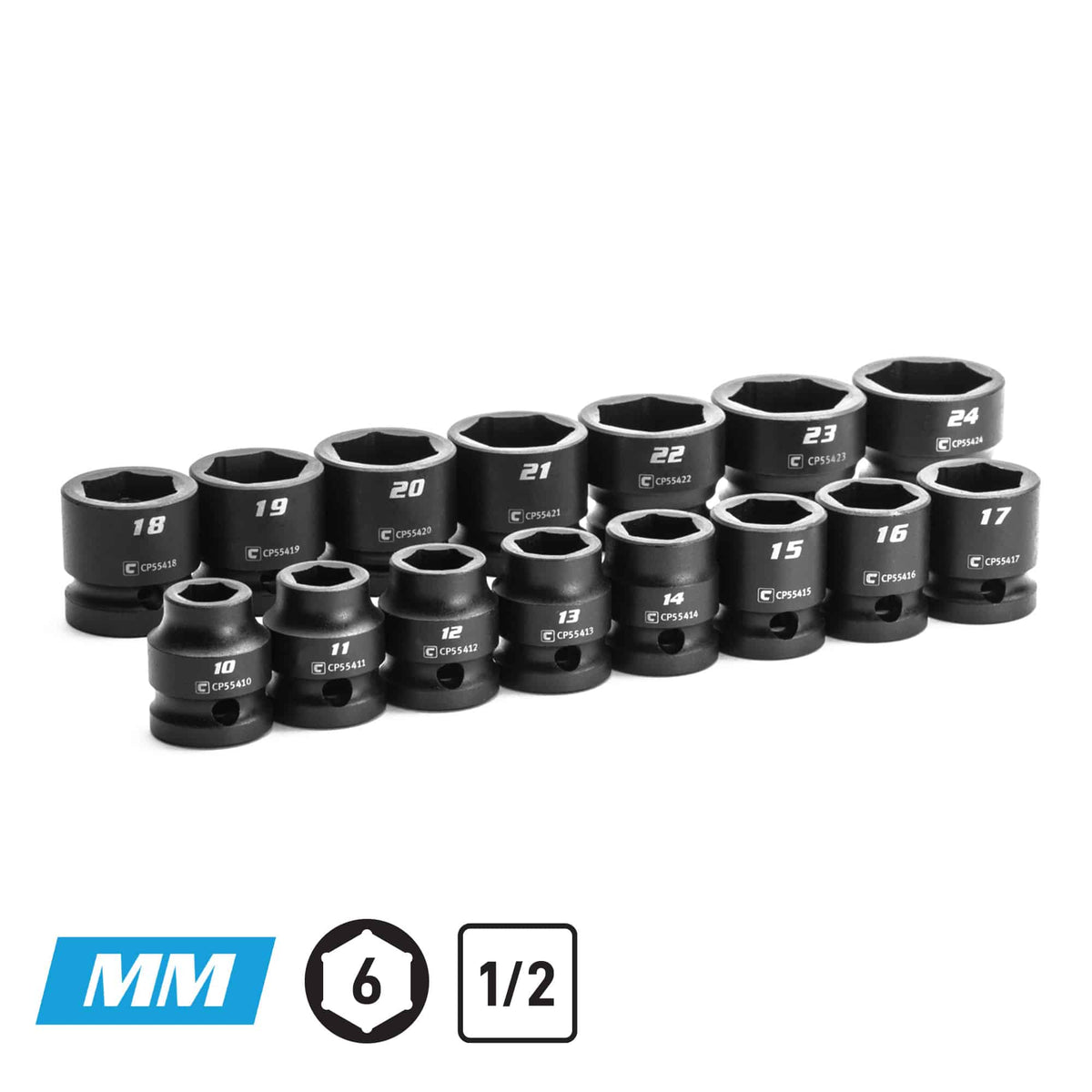 1/2" Drive Stubby Impact Socket Set, 10-24 mm