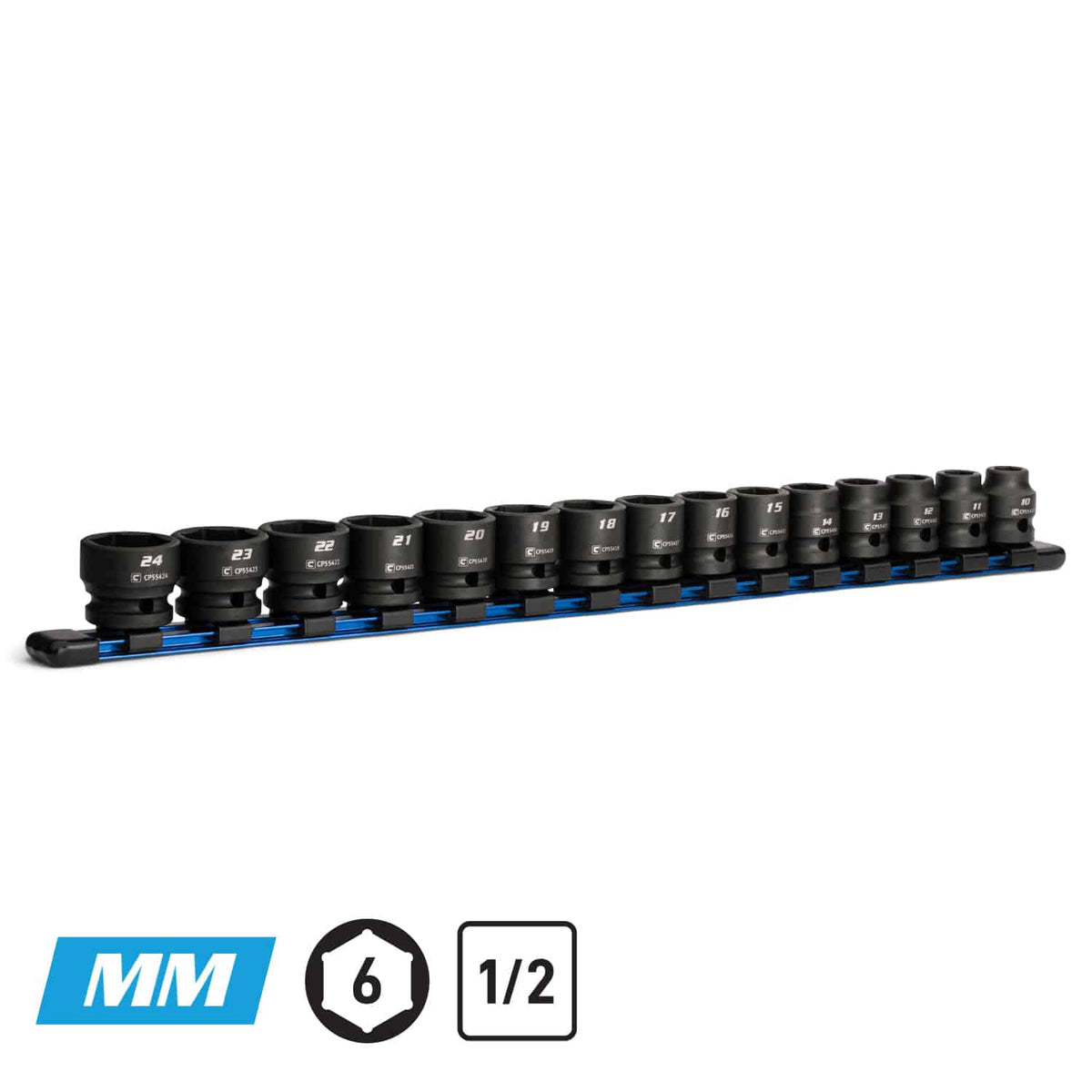 1/2" Drive Stubby Impact Socket Set, 10-24 mm, Aluminum Socket Rail