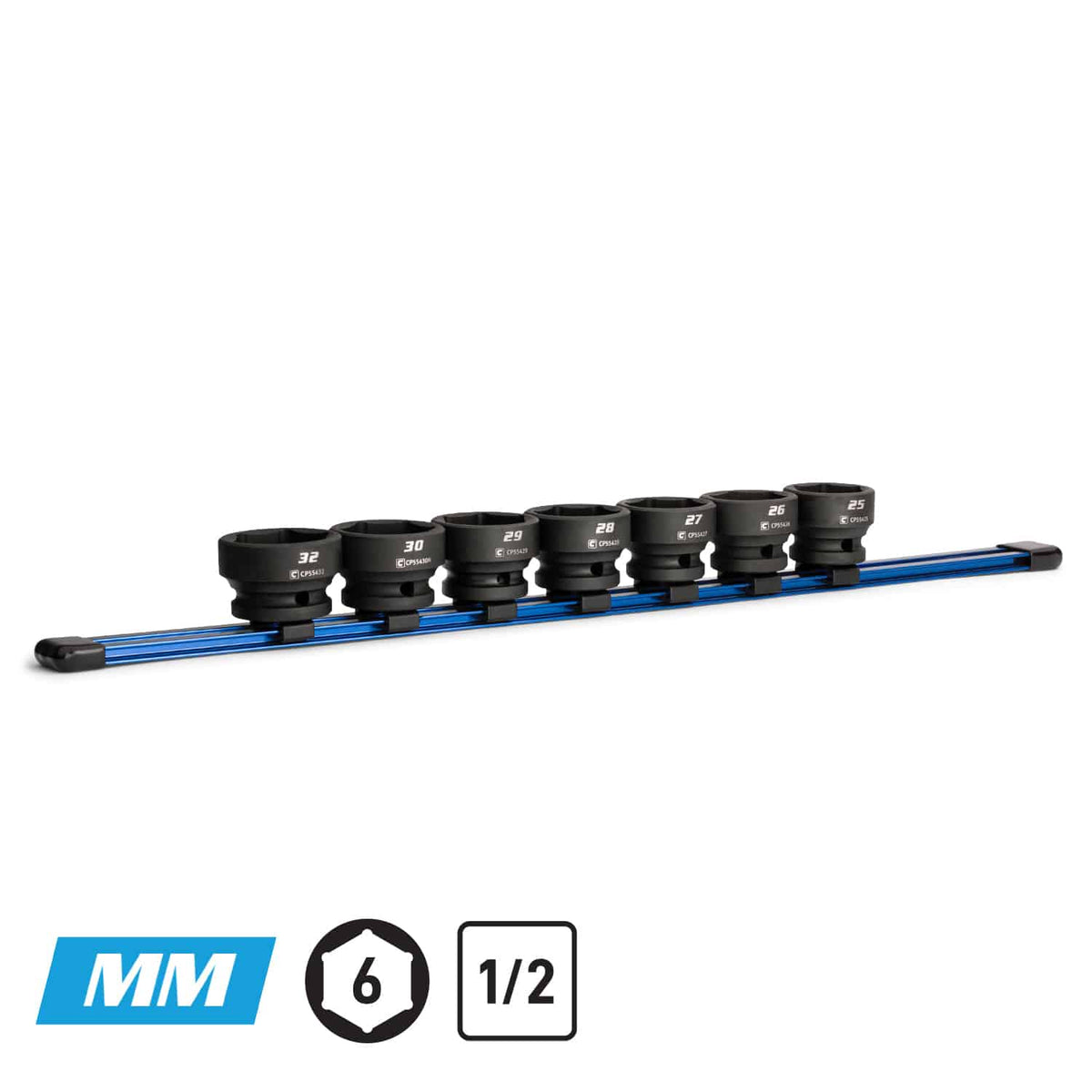 1/2" Drive Stubby Impact Socket Set, 25-32 mm, Aluminum Socket Rail