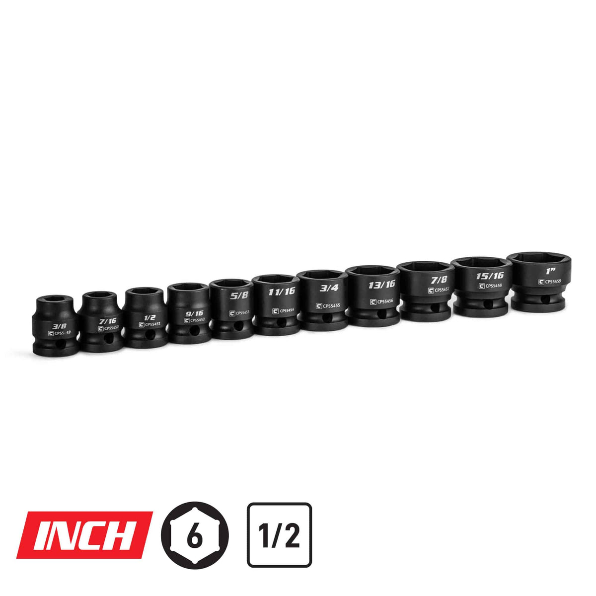 1/2" Drive Stubby Impact Socket Set, 3/8-1"