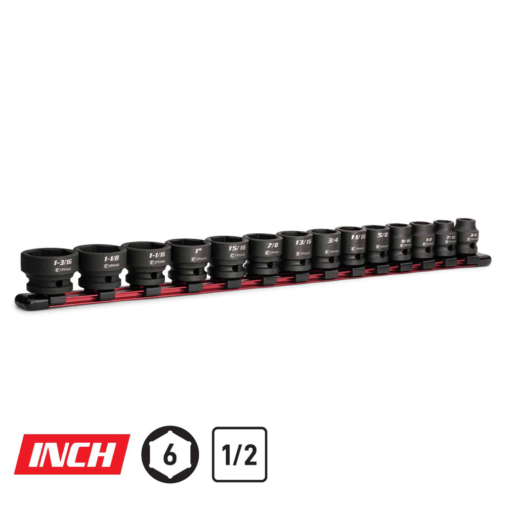 1/2" Drive Stubby Impact Socket Set, 3/8-1-3/16", Aluminum Socket Rail