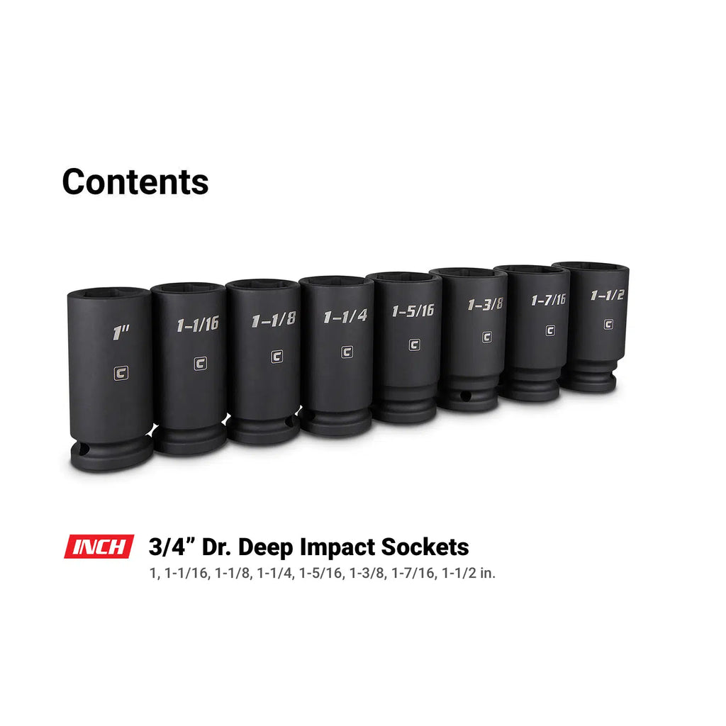 3/4" Drive 6-Point Deep Impact Socket Set, SAE