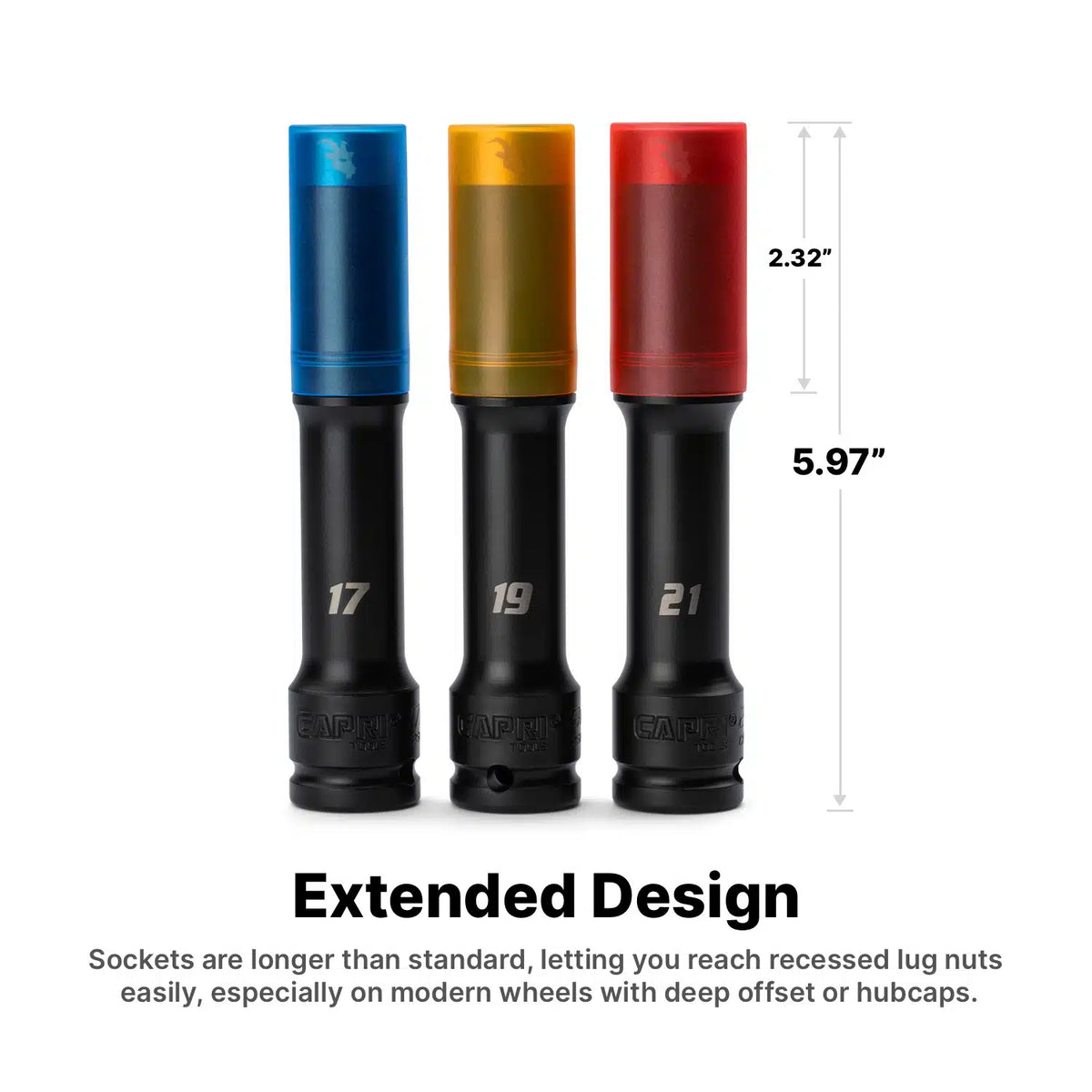 1/2" Drive Extended Wheel Lug Nut Socket Set, 3-Piece Set, 17, 19, 21 mm
